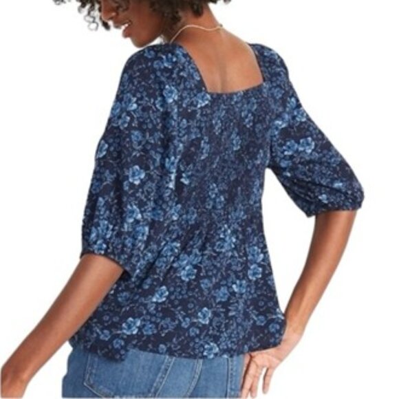 Old Navy Button Front Smocked Back Blouse Puff Sleeve Peasant Top Blue Floral - Picture 2 of 7